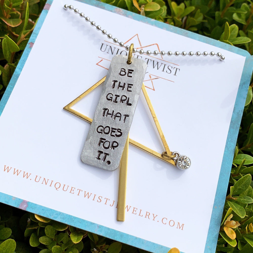 "Be THAT Girl" Hand-Stamped Metal Necklace. Handmade fashion accessories by Unique Twist Jewelry.