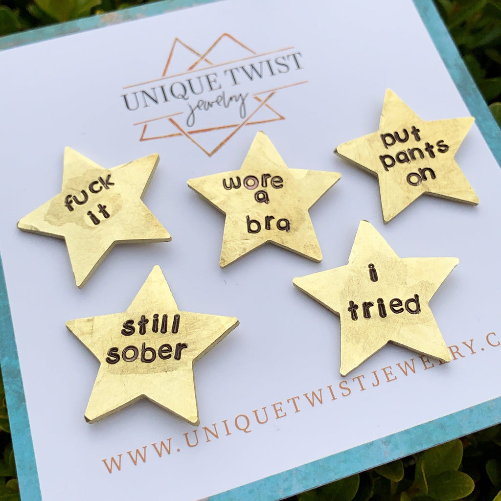 Adulting Hand-Stamped Gold Stars. Handmade fashion accessories by Unique Twist Jewelry.