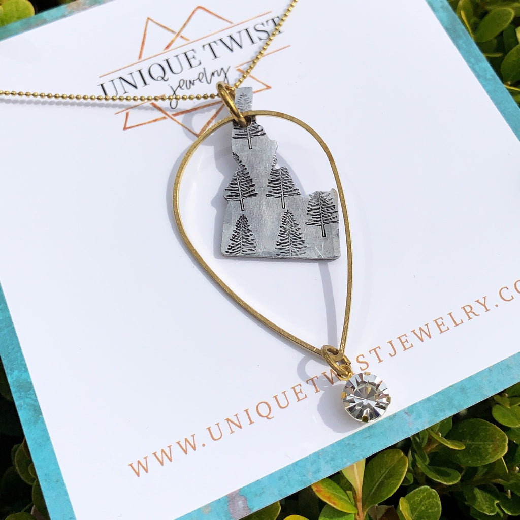 State Gypsy Necklace with Trees hand-stamped on state pendent of your choice. Idaho. Handmade jewelry by Unique Twist Jewelry.