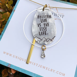 "Mountain Life is the Best Life" Hand-Stamped Necklace. Handmade jewelry by Unique Twist Jewelry.