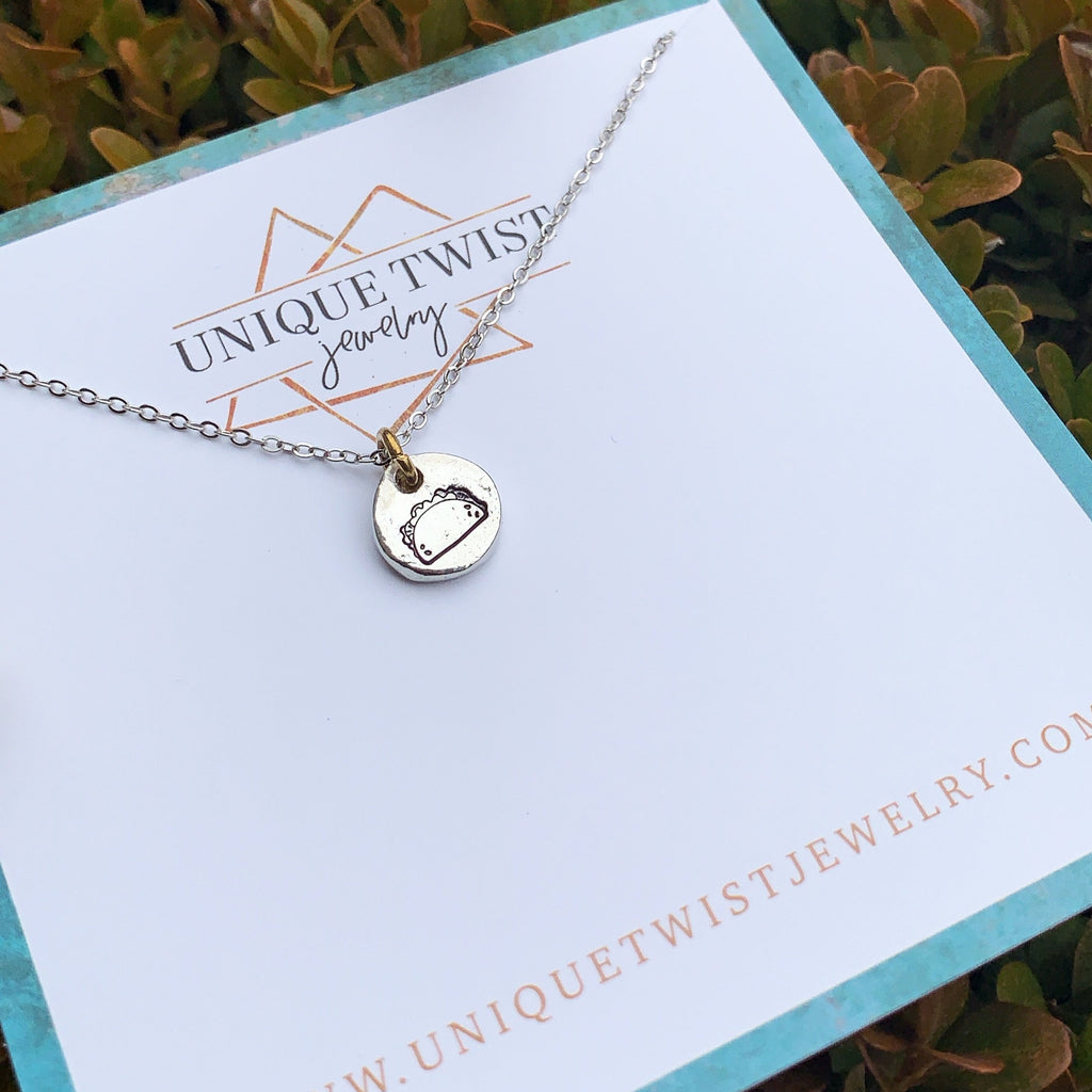 Celebrate Taco Tuesday with a hand-stamped necklace. Handmade fashion accessories by Unique Twist Jewelry.