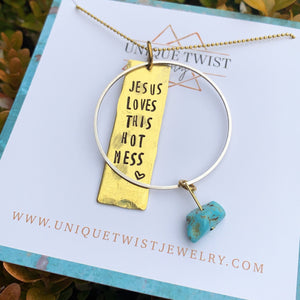 "Jesus loves this hot mess" Hand-Stamped Necklace. Handmade jewelry by Unique Twist Jewelry.