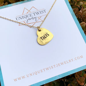 Taco Love Hand-Stamped Heart Necklace. Handmade jewelry by Unique Twist Jewelry.