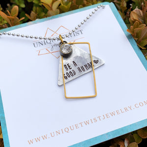"Be A Good Human" Hand-Stamped Charm Necklace. Handmade fashion accessories by Unique Twist Jewelry.