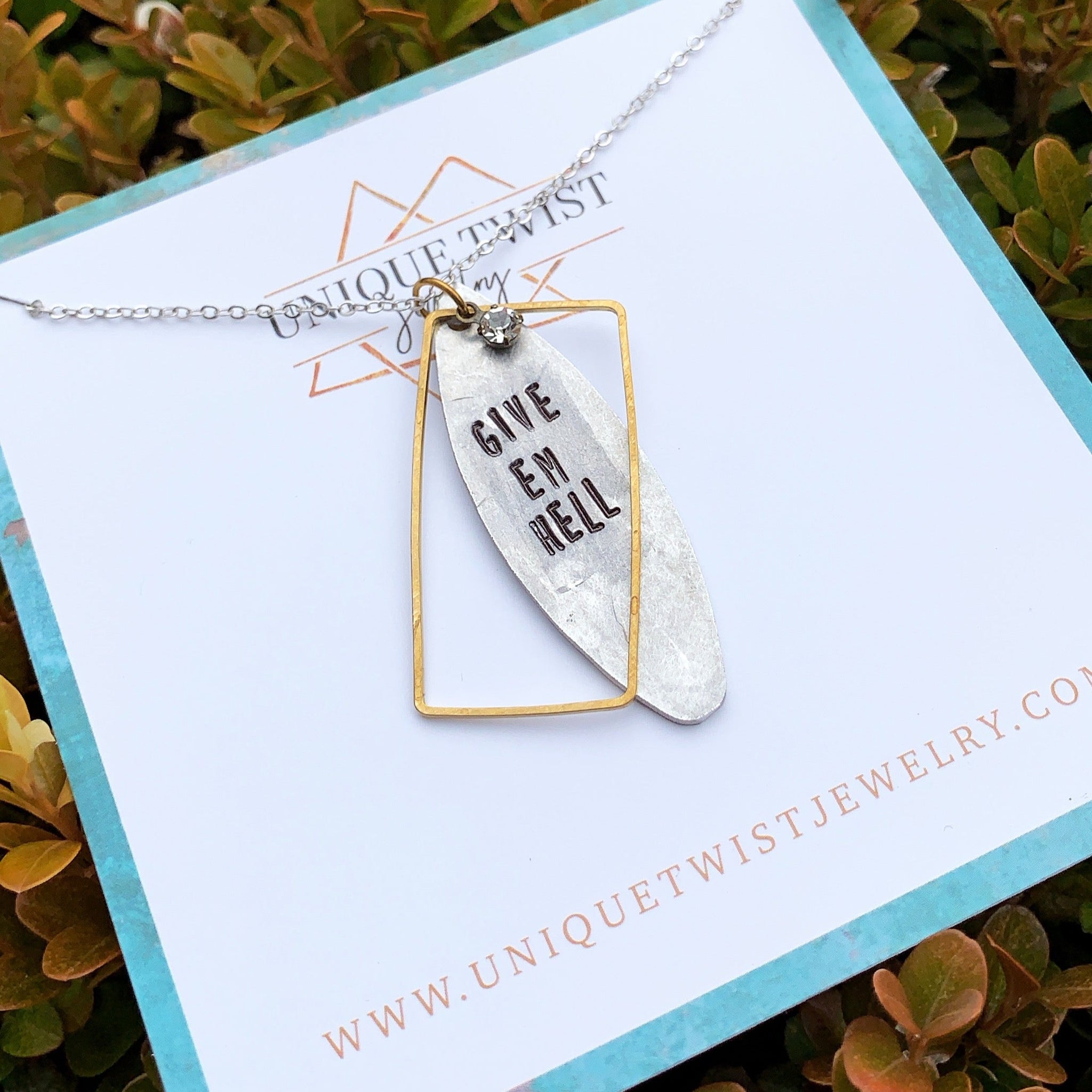 Give em hell Hand-Stamped Necklace. Handmade jewelry by Unique Twist Jewelry.