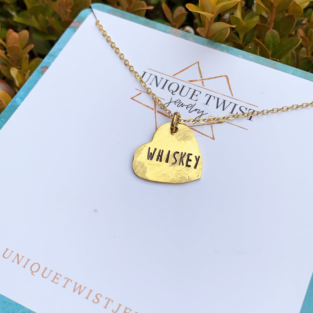 Whiskey Love Hand-Stamped Heart Necklace. Handmade jewelry by Unique Twist Jewelry.