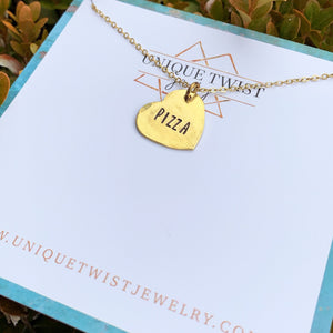 "Pizza Love" Hand-Stamped Heart Necklace. Handmade jewelry by Unique Twist Jewelry.