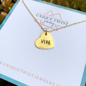 Wine Love Hand-Stamped Heart Necklace. Handmade jewelry by Unique Twist Jewelry.