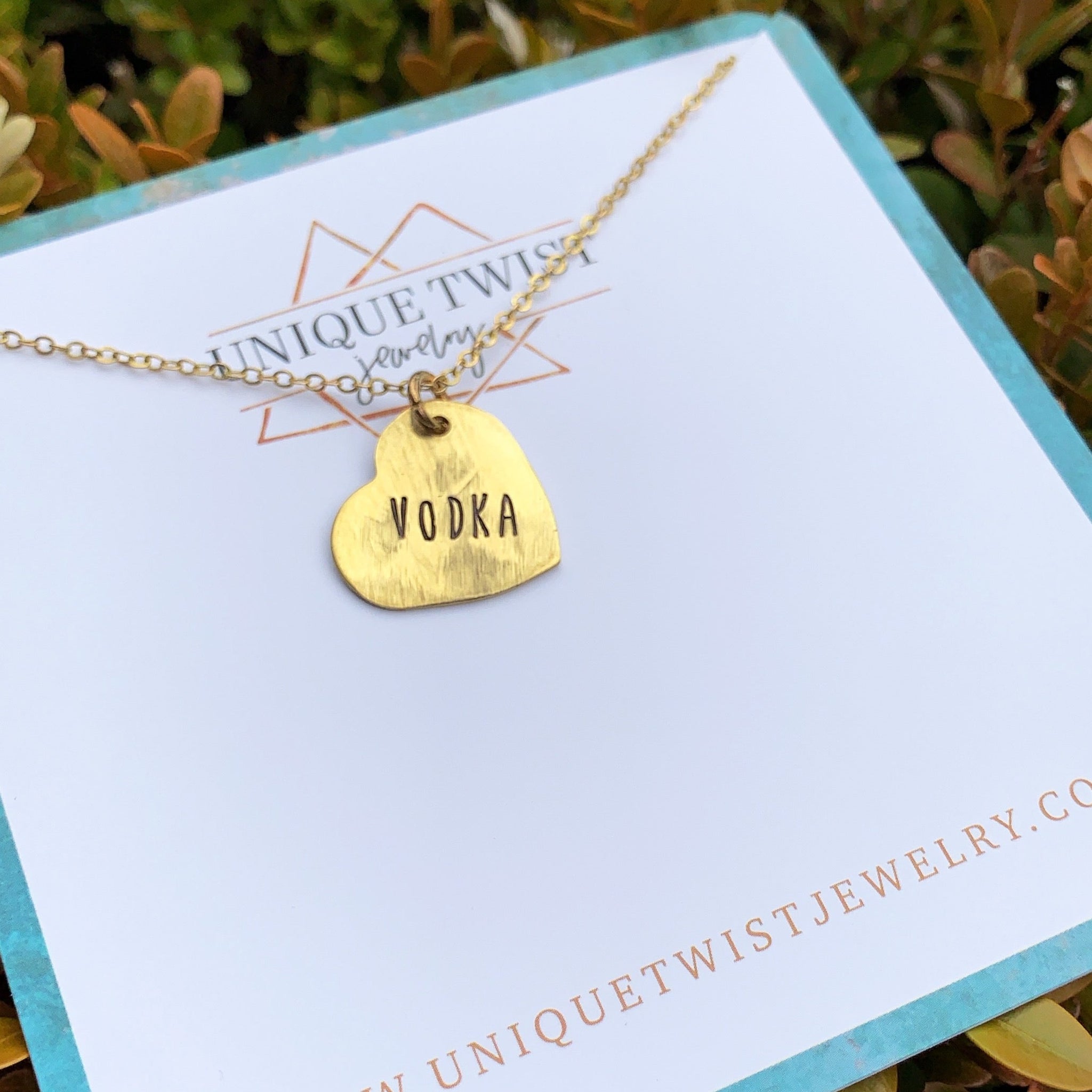 Vodka Love Hand-Stamped Heart Necklace. Handmade jewelry by Unique Twist Jewelry.