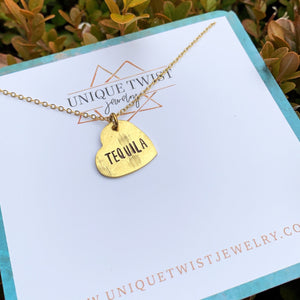 Tequila Love Hand-Stamped Heart Necklace. Handmade jewelry by Unique Twist Jewelry.