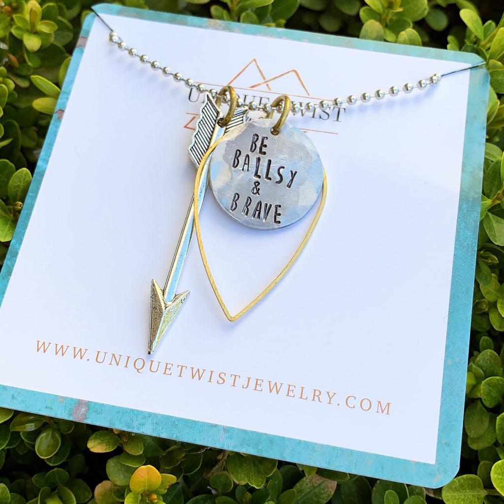 "Be Ballsy & Brave" Hand-Stamped Necklace. Handmade fashion accessories by Unique Twist Jewelry.