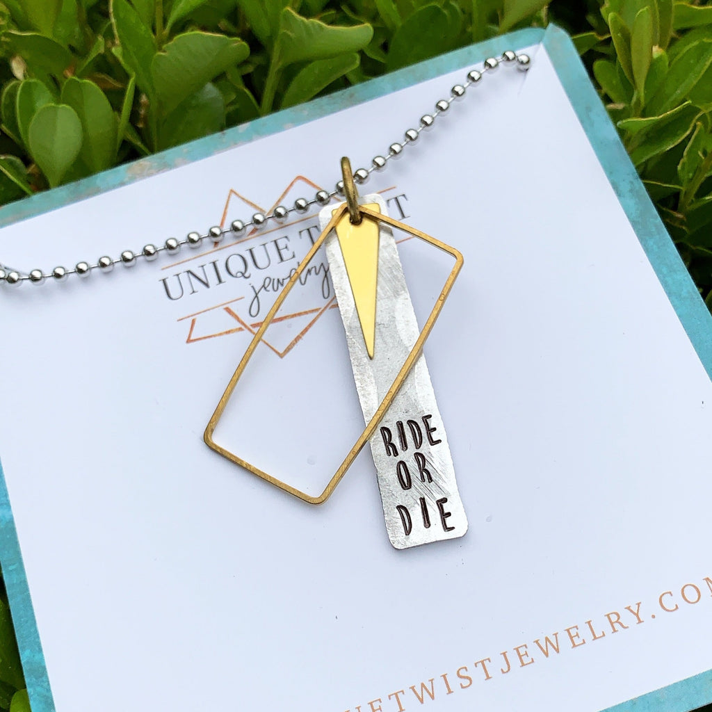 "Ride or Die" Hand-Stamped Necklace. Handmade jewelry by Unique Twist Jewelry.