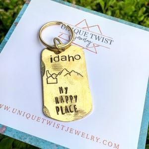 "Idaho My Happy Place" Hand-Stamped Keychain. Handmade jewelry by Unique Twist Jewelry.