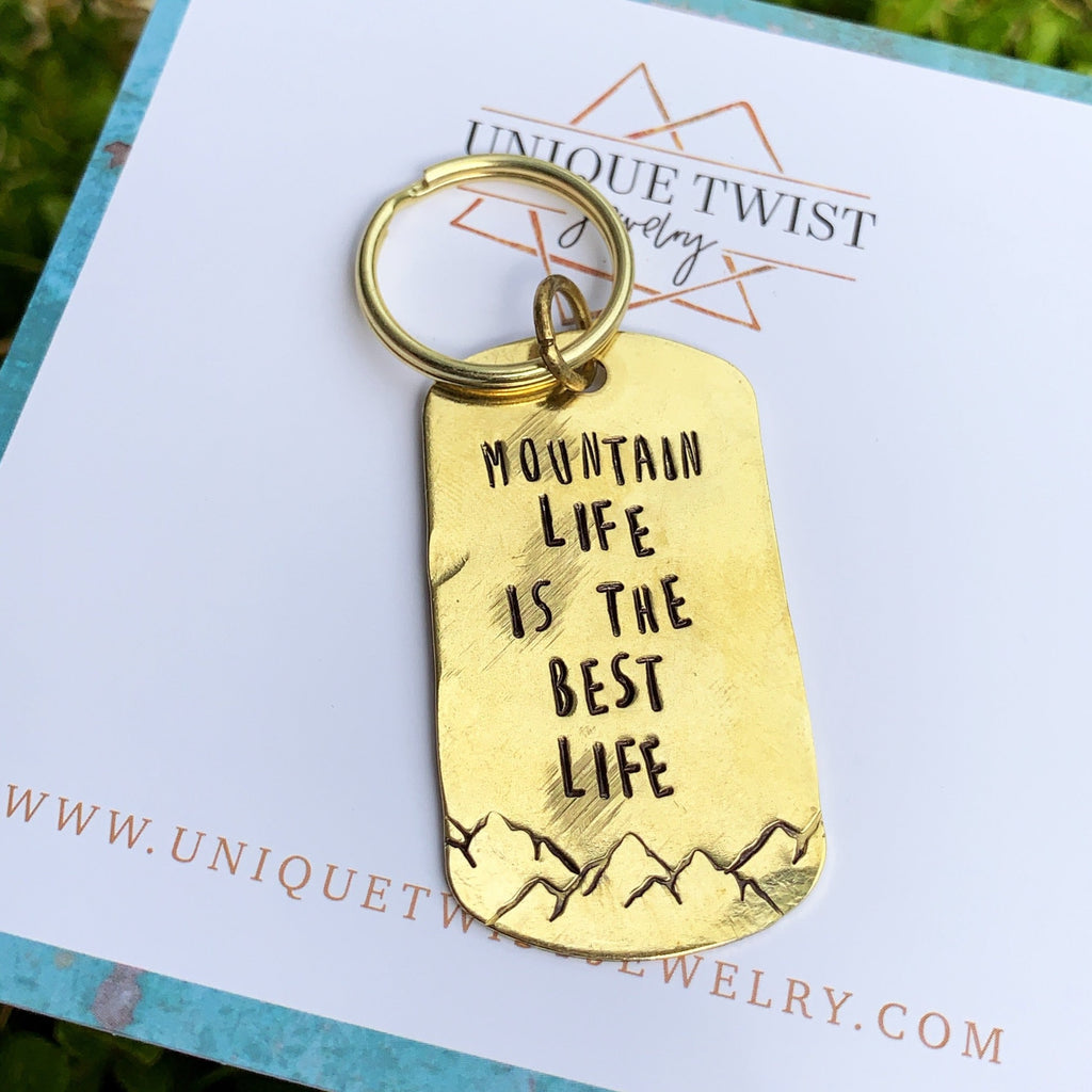 "Mountain Life is the Best Life" Hand-Stamped Keychain. Handmade jewelry by Unique Twist Jewelry.