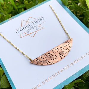 Copper Hand-Stamped Idaho Moon Necklace. Handmade jewelry by Unique Twist Jewelry.