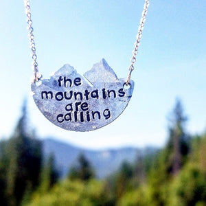 "The Mountains are Calling" Hand-Stamped Necklace. Handmade jewelry by Unique Twist Jewelry.