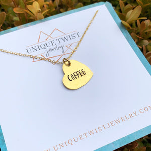 Coffee love hand-stamped necklace. Handmade jewelry by Unique Twist Jewelry.