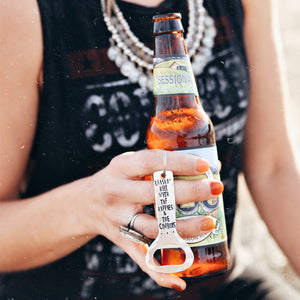 "Raising Hell WIth the Hippies and the Cowboys" Hand-Stamped Bottle Opener Keychain. Handmade jewelry by Unique Twist Jewelry.