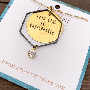 "This Girl is Unstoppable" Hand-Stamped Necklace. Handmade jewelry by Unique Twist Jewelry.
