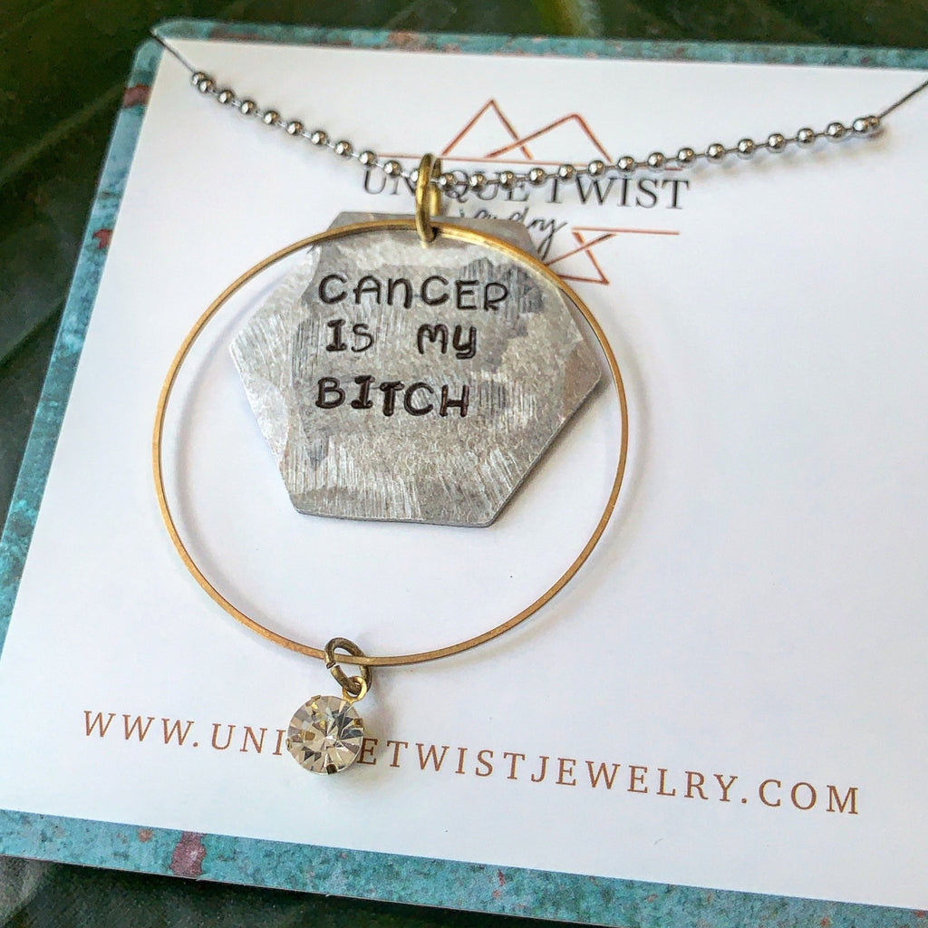 "Cancer is My Bitch" Hand-Stamped Necklace. Handmade jewelry by Unique Twist Jewelry.