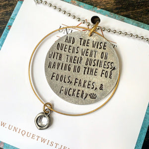 "Fools, Fakes, and Fuckery" Hand-Stamped Necklace. Handmade jewelry by Unique Twist Jewelry.