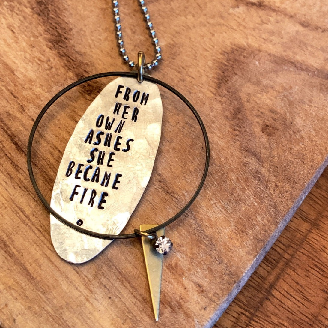 “She Became Fire” Hand-stamped Necklace