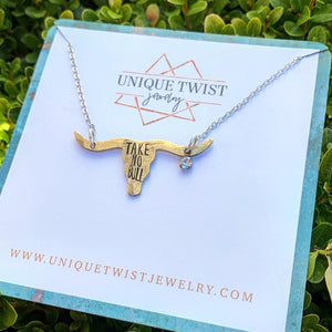 "Take no bull" Hand-Stamped Long horn necklace. Handmade jewelry by Unique Twist Jewelry.